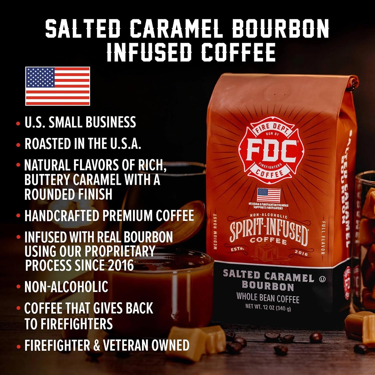 - Salted Caramel Bourbon Coffee - Veteran Owned - Premium Bourbon Infused - Ground Medium Roast - Non-Alcoholic - Roasted in the USA - Veteran Owned (12 Oz, Pack of 2)